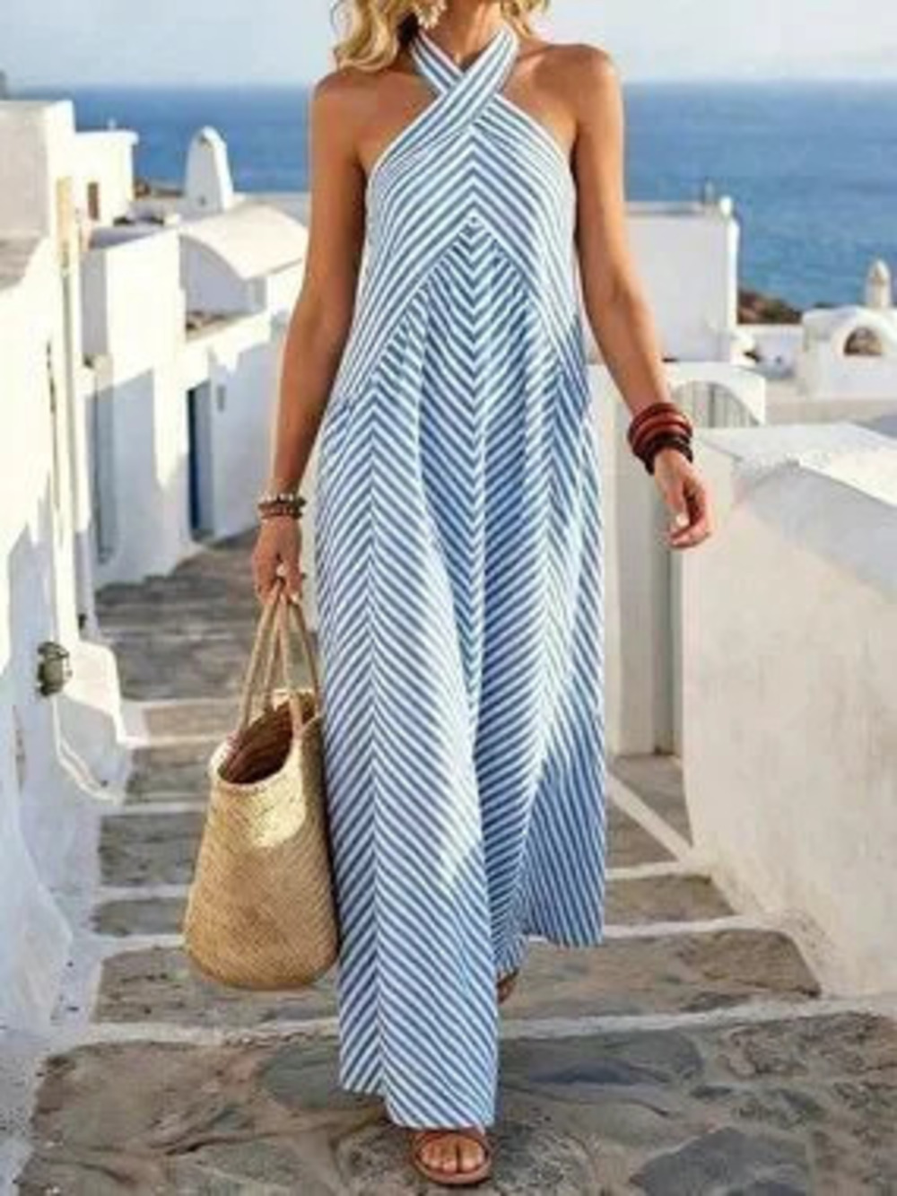 Blue Boho Women's French Vacation Striped Halter Dress